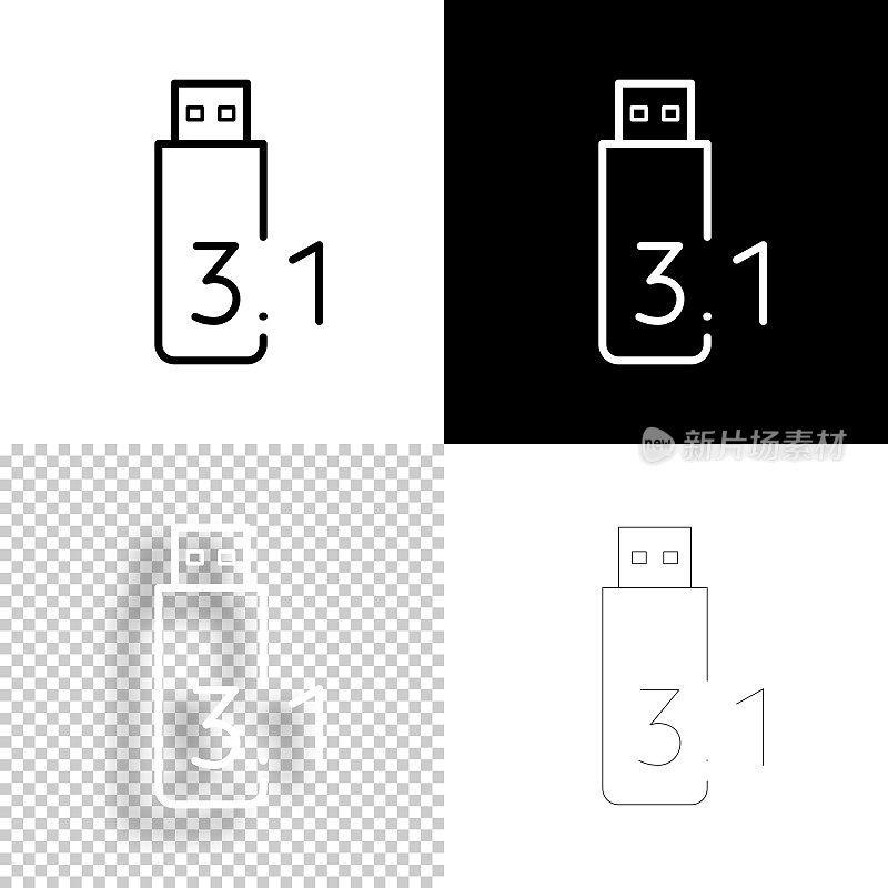 USB 3.1闪存盘。图标设计。空白，白色和黑色背景-线图标